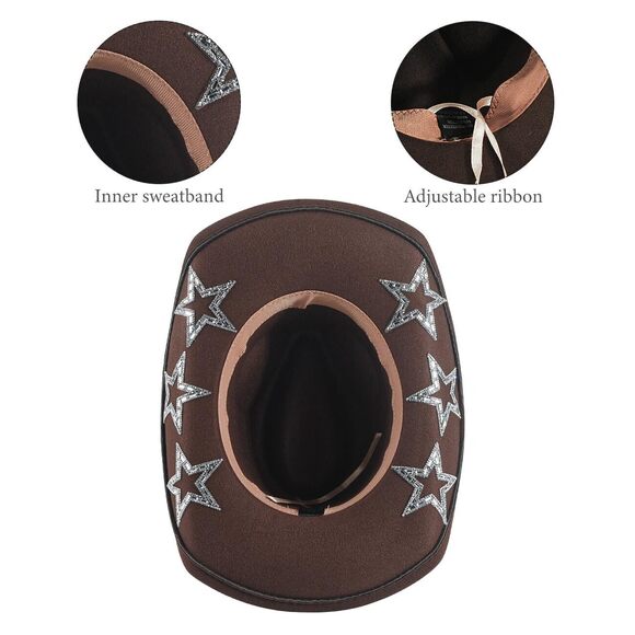6512 Women Rhinestone Cowboy Hat Weatern Sparkly Star Wide Brim Cowgirl